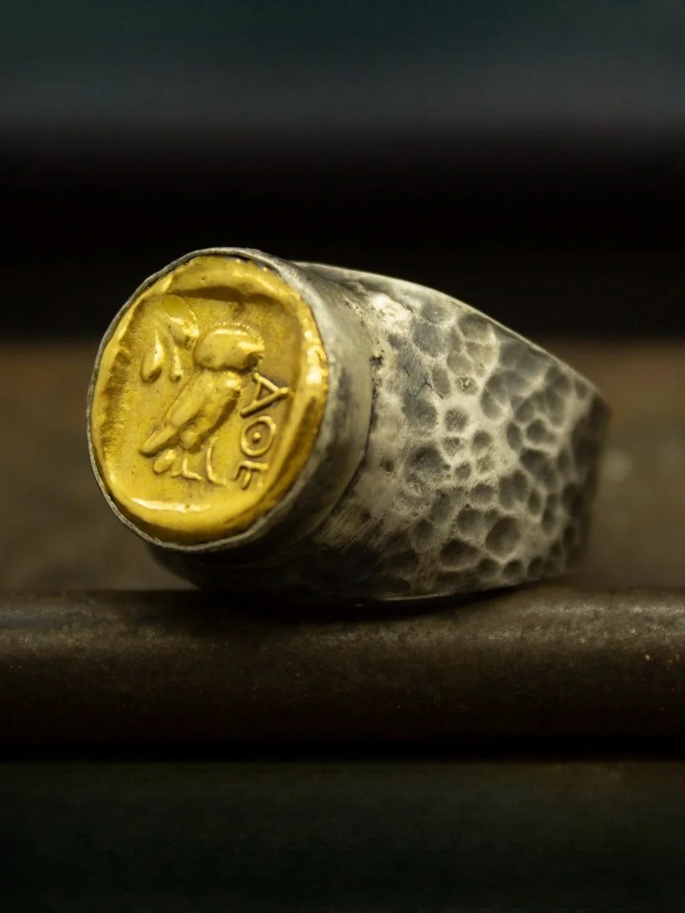 VINTAGE • Sterling Silver Hammered Signet Ring Owl AOE of the Athenian